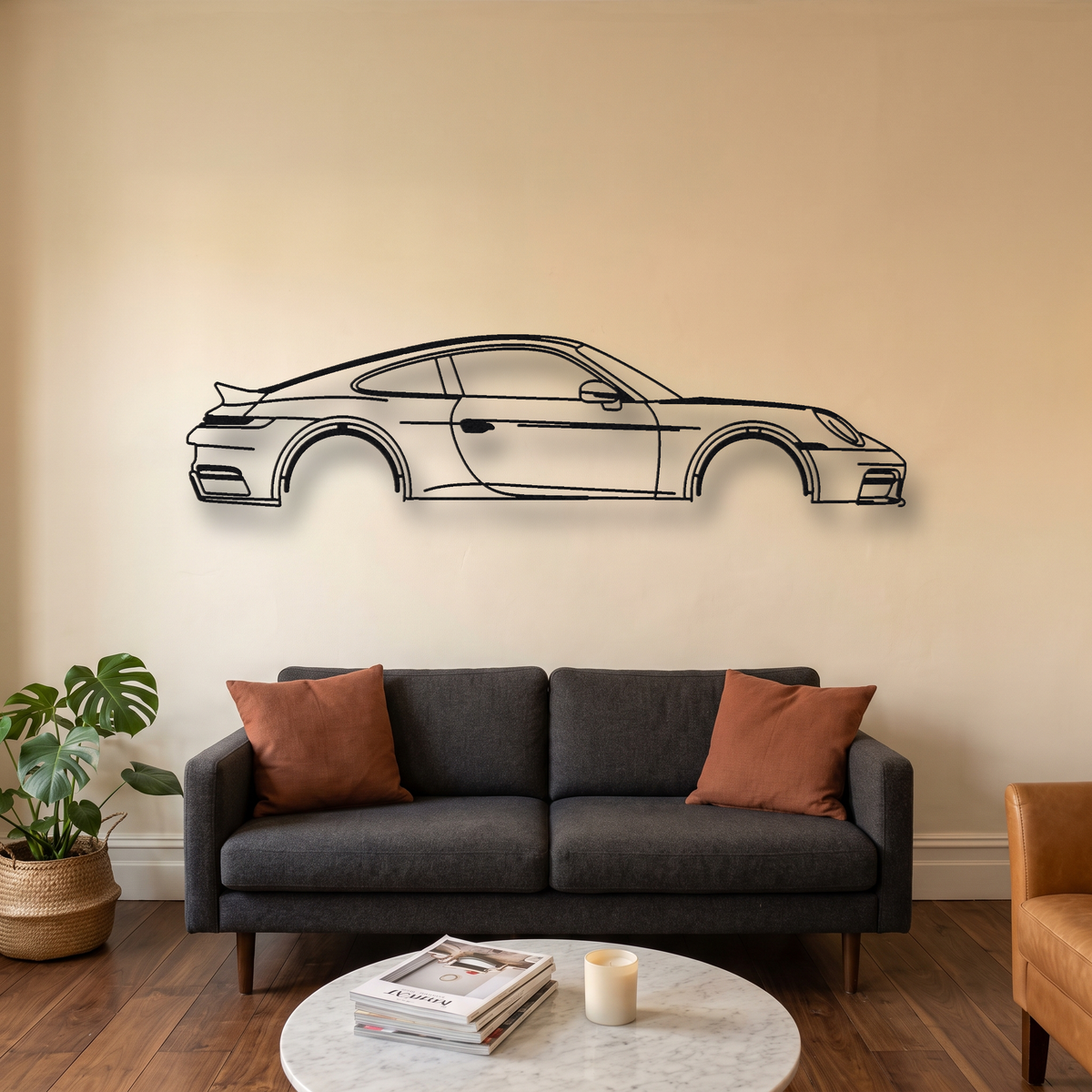 Porsche 911 Spirit 70 992 metal wall art silhouette, front view on wall