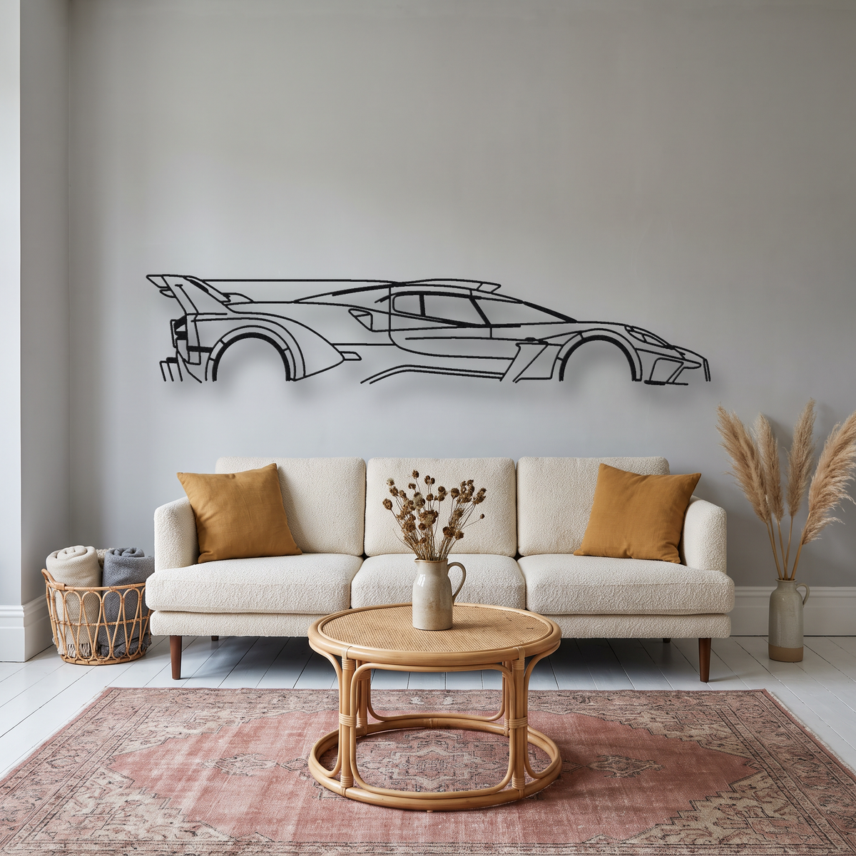 Bugatti Bolide metal wall art silhouette, front view on wall