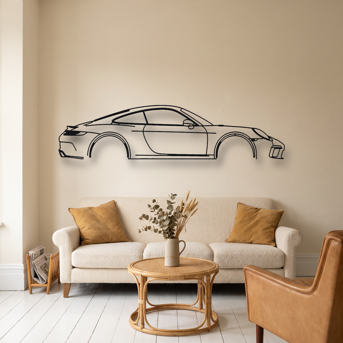 Porsche 911 GT3 Touring 991.2 metal wall art silhouette, front view on wall