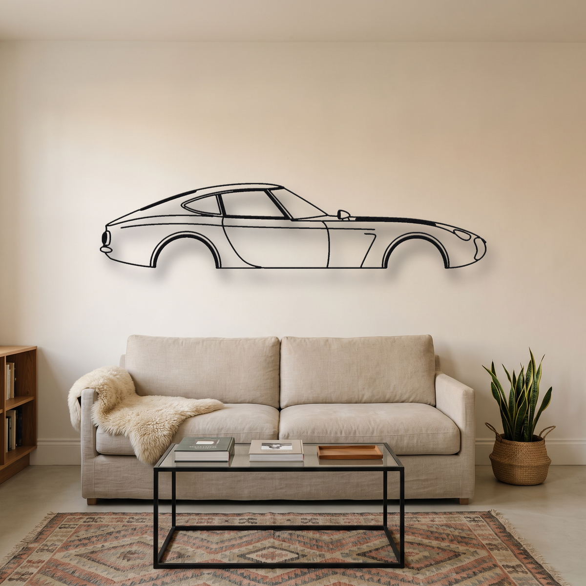 Toyota 2000GT metal wall art silhouette, front view on wall