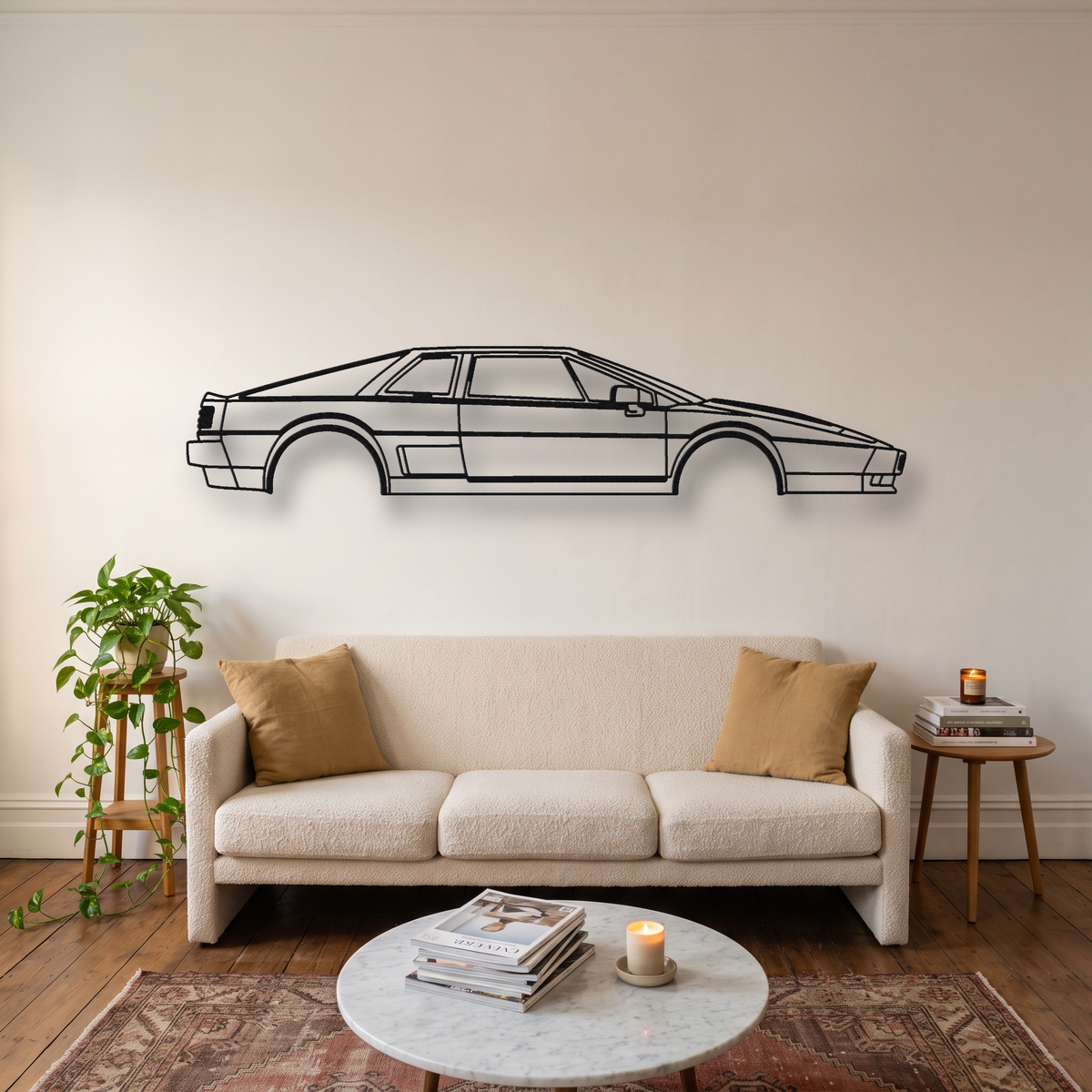 Lotus Esprit S4 metal wall art silhouette, front view on wall