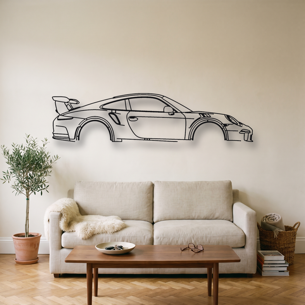 Porsche 911 GT3 RS 991 metal wall art silhouette, front view on wall