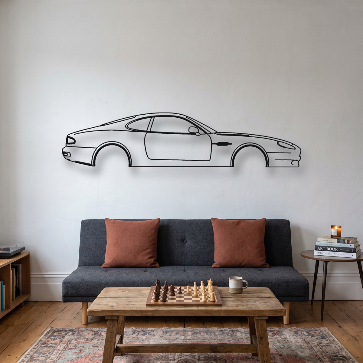 Aston Martin DB7 Coupe metal wall art silhouette, front view on wall