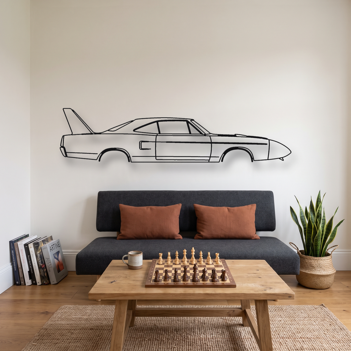 Plymouth Superbird metal wall art silhouette, front view on wall