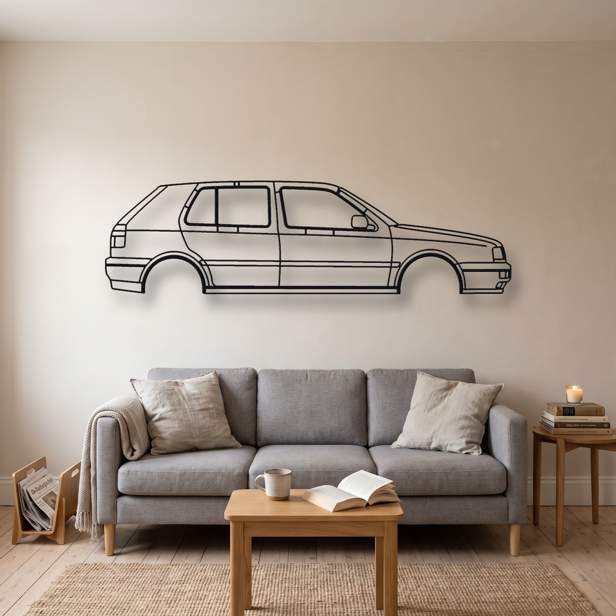 Volkswagen Golf Harlequin MK3 metal wall art silhouette, front view on wall