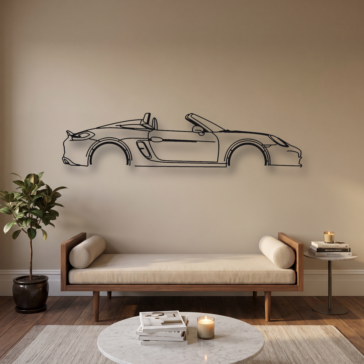 Porsche Boxster Spyder 981 metal wall art silhouette, front view on wall