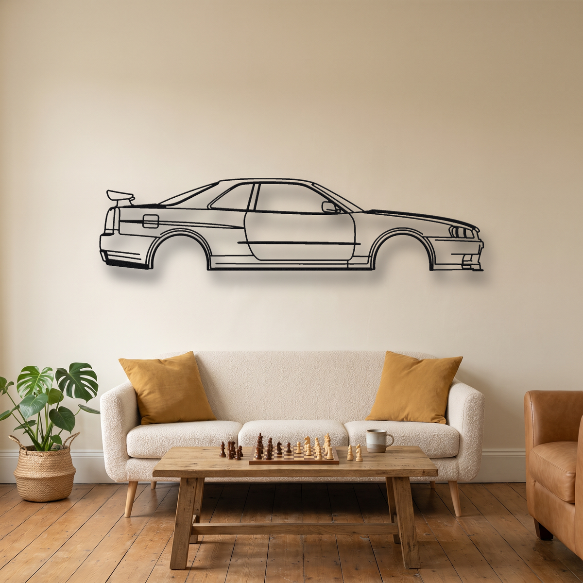 Nissan Skyline GT-R V-Spec II Nür R34 metal wall art silhouette, front view on wall