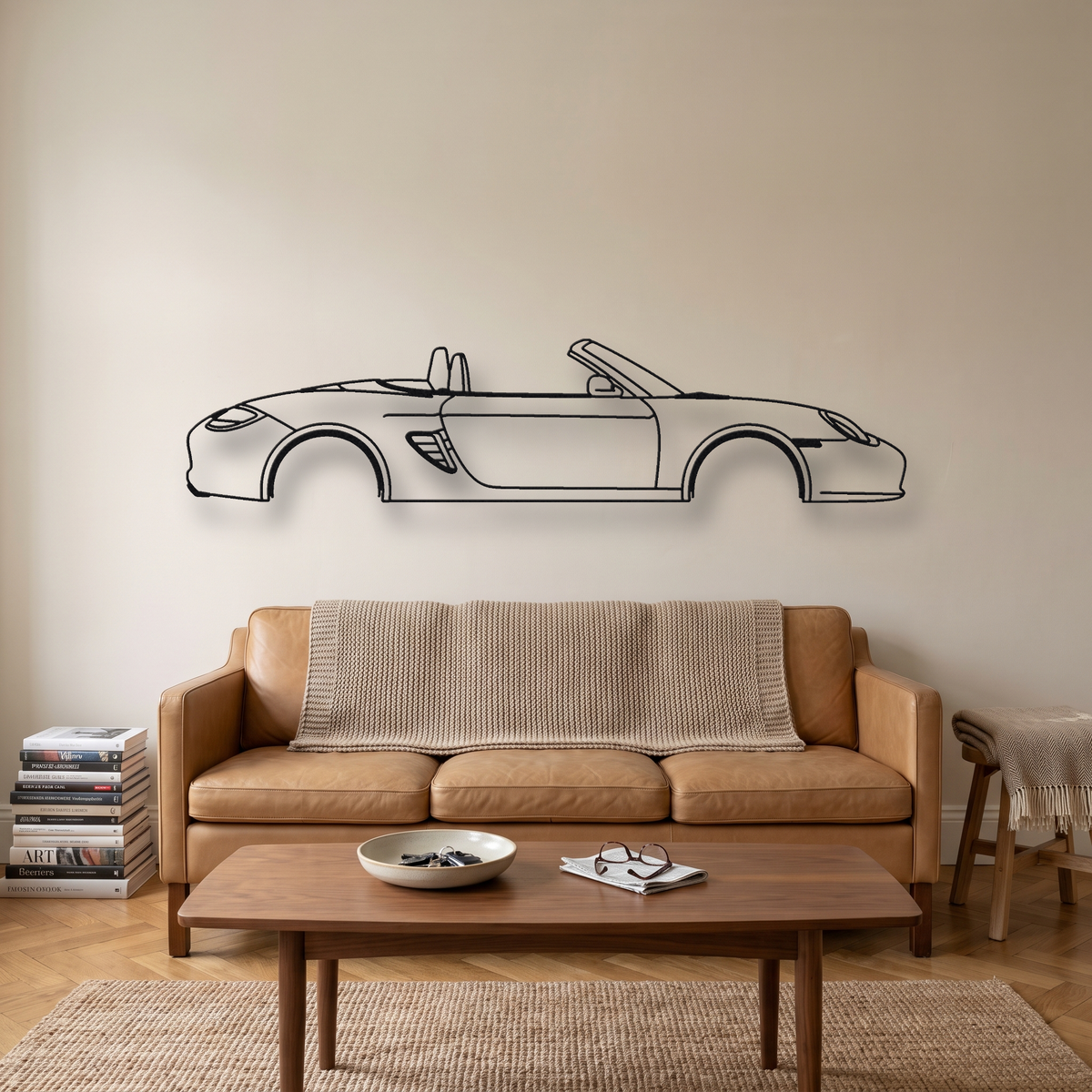 Porsche Boxster 987.2 metal wall art silhouette, front view on wall