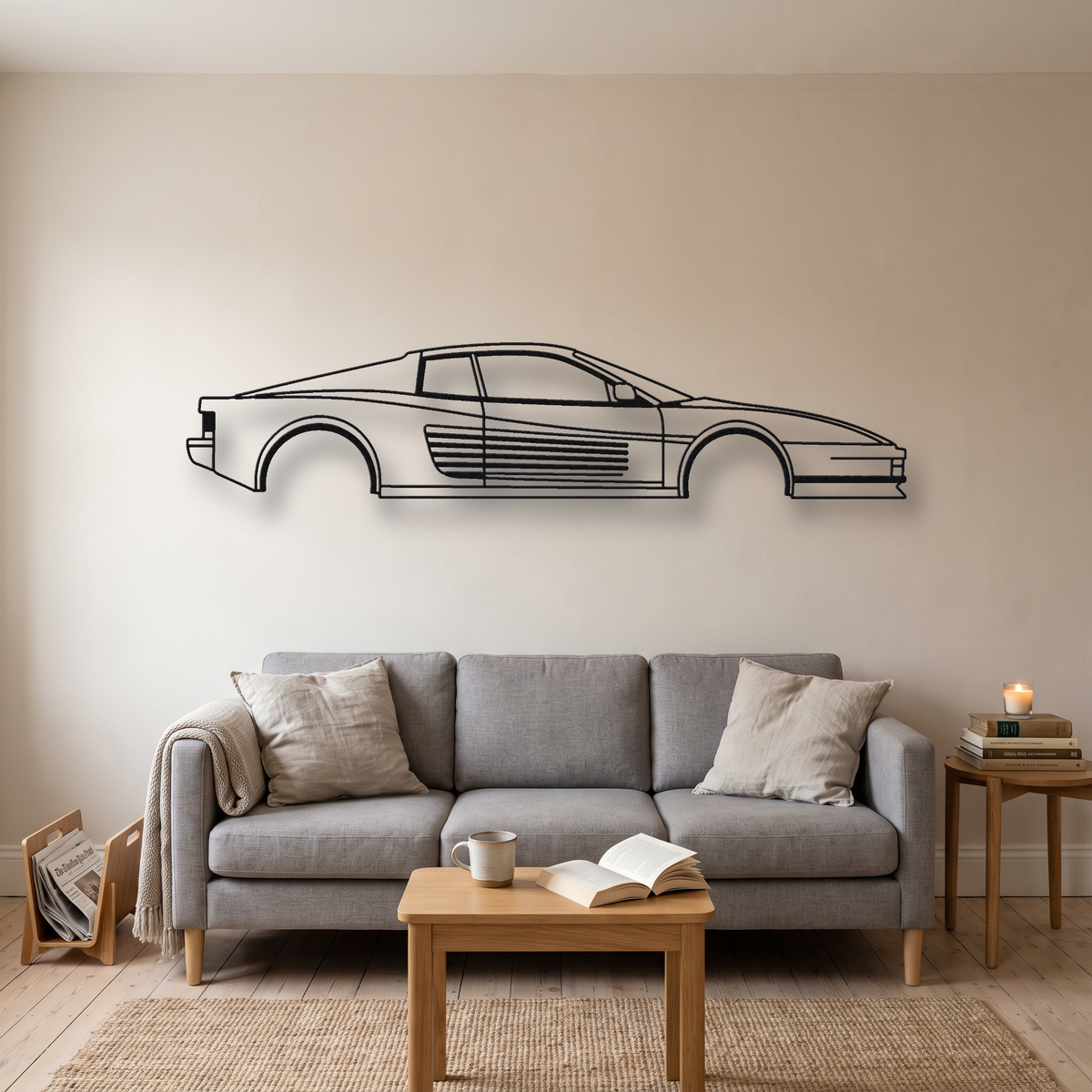 Ferrari Testarossa metal wall art silhouette, front view on wall
