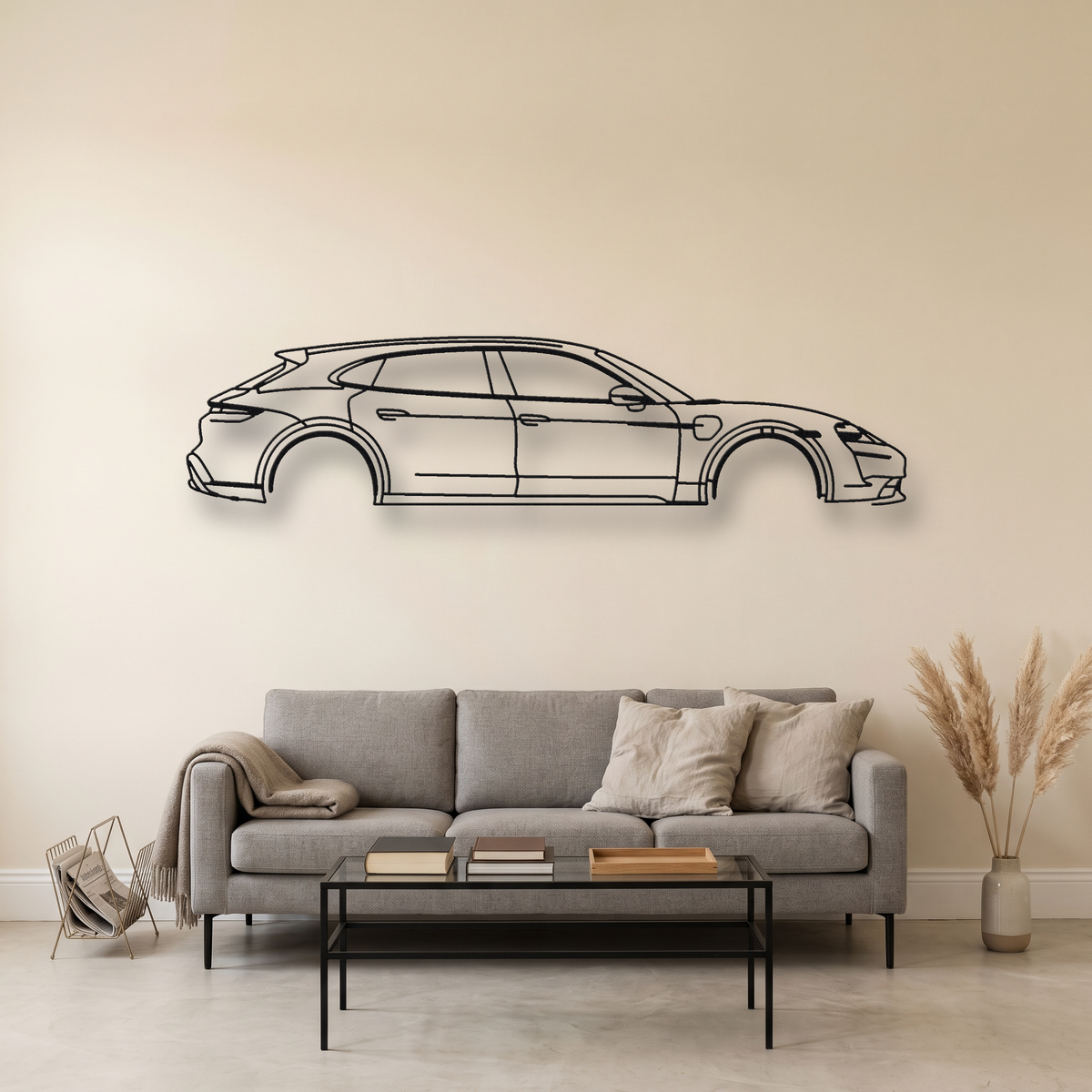 Porsche Taycan Sport Turismo metal wall art silhouette, front view on wall