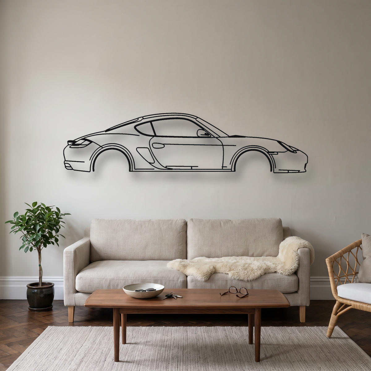 Porsche Cayman R 987 metal wall art silhouette, front view on wall