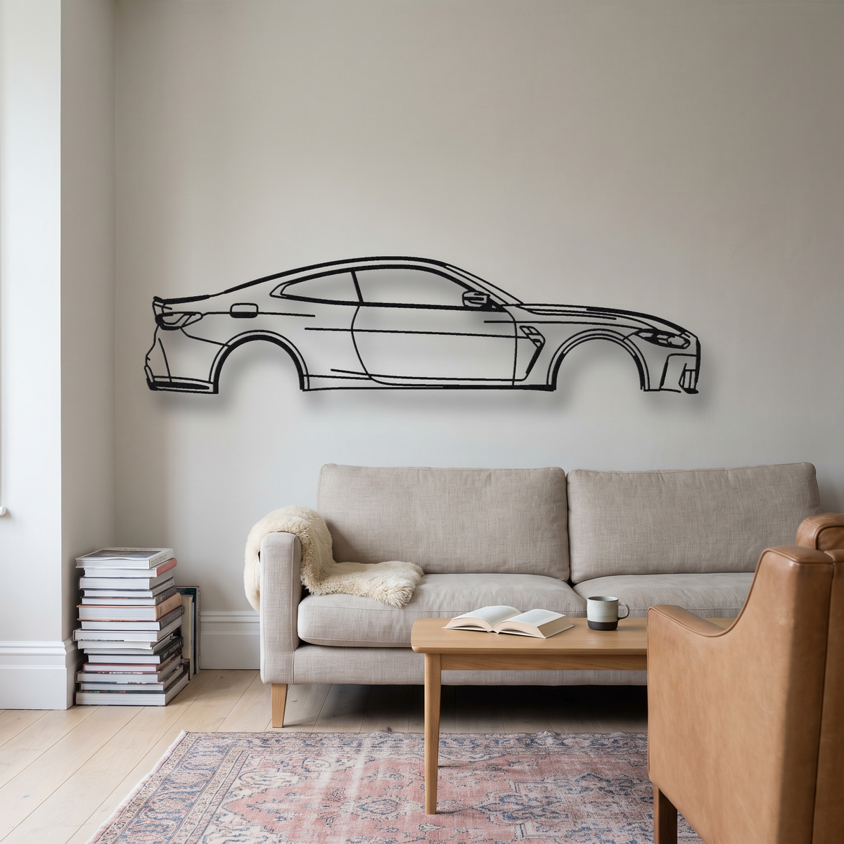 BMW M4 G82 metal wall art silhouette, front view on wall