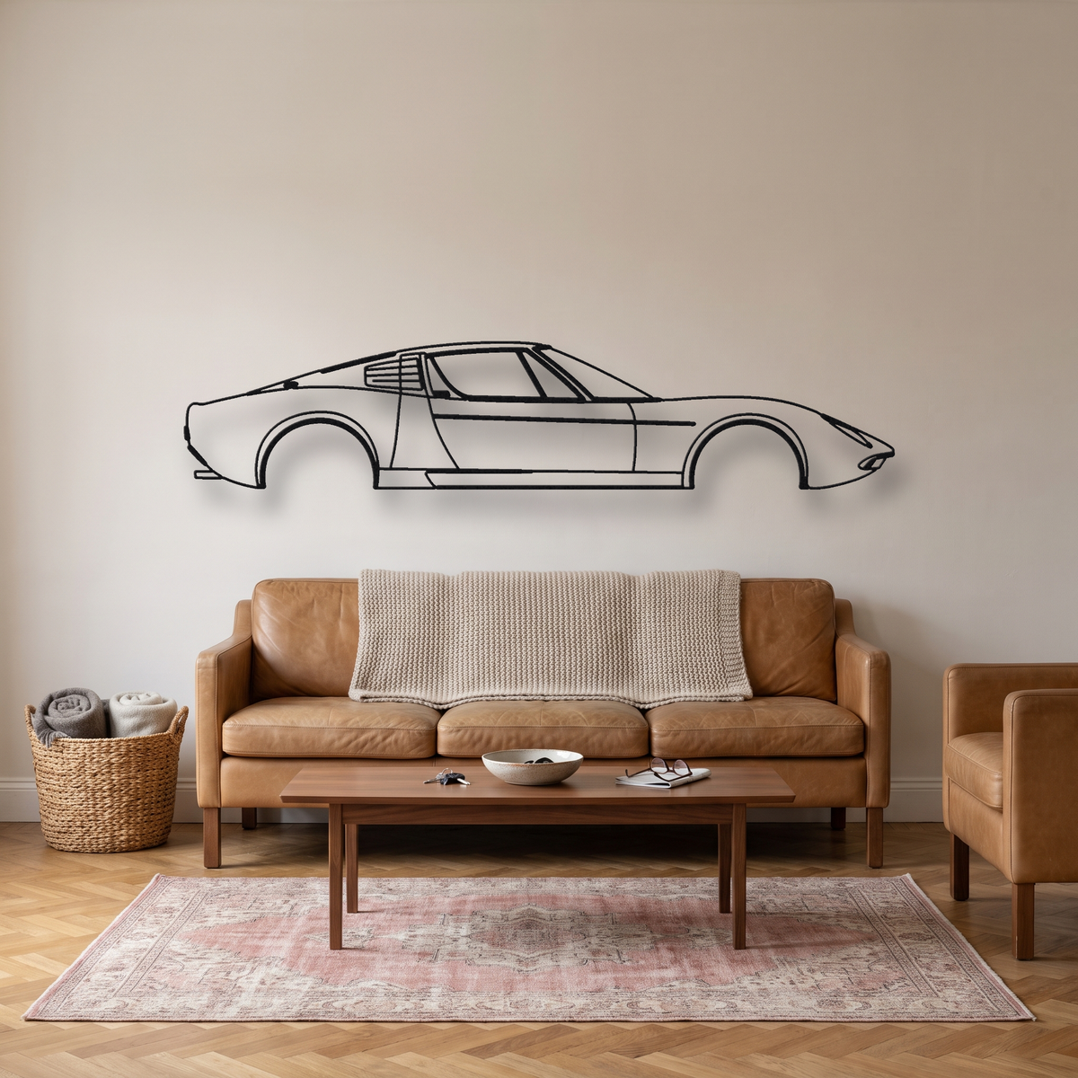 Lamborghini Miura P400 SV metal wall art silhouette, front view on wall