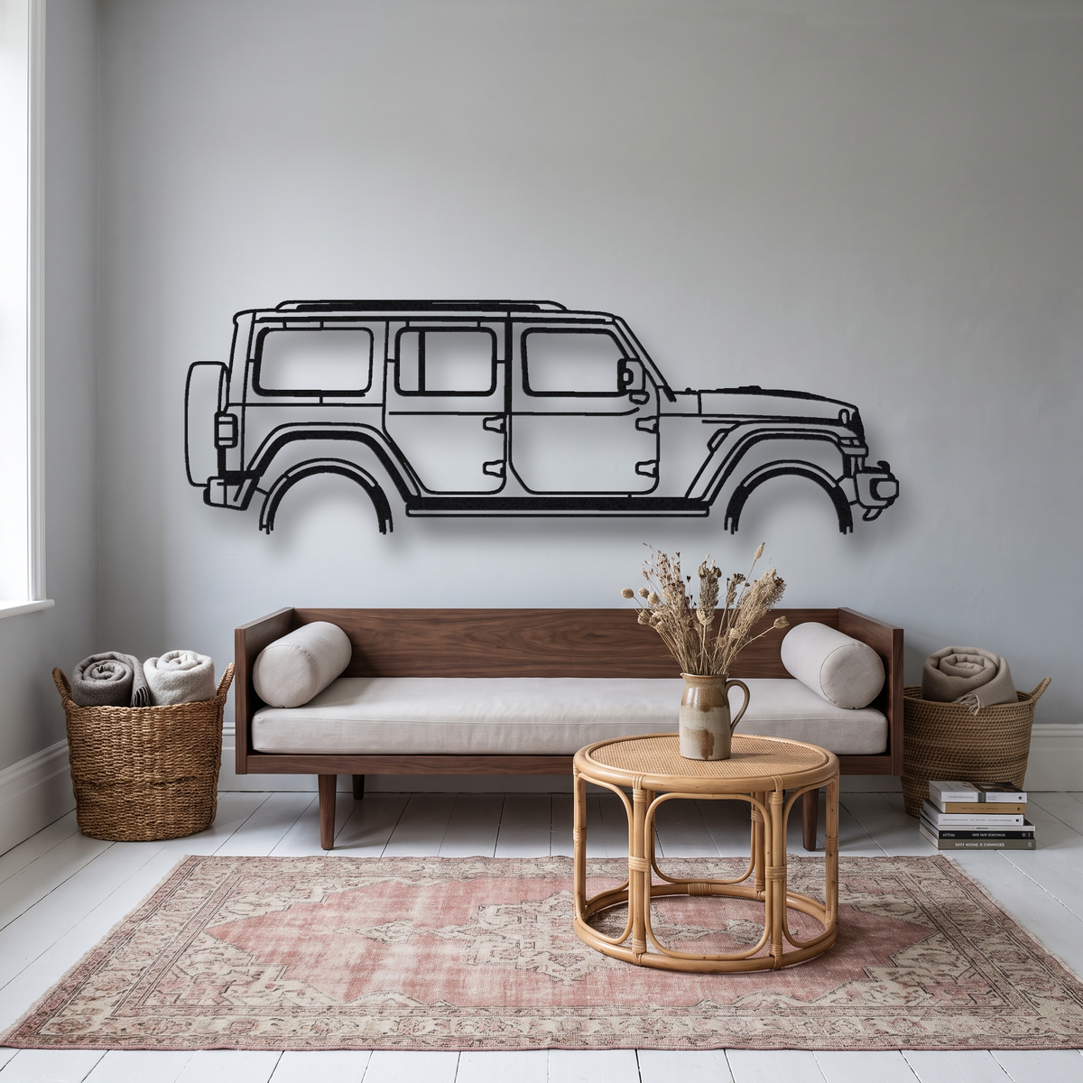 2021- Jeep Wrangler Rubicon 392 JL metal wall art silhouette, front view on wall