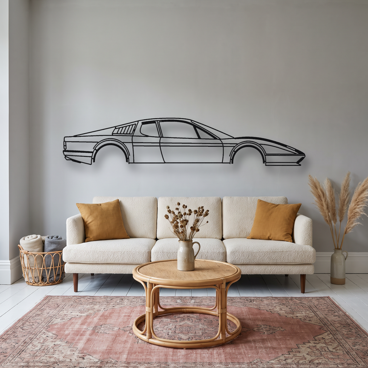 Ferrari 365 GT4 BB / 512 BB metal wall art silhouette, front view on wall
