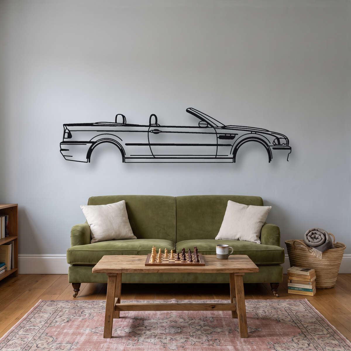 BMW M3 Convertible E46 metal wall art silhouette, front view on wall