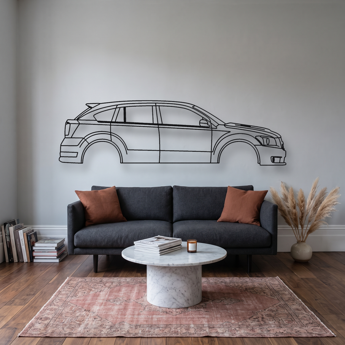 Dodge Caliber SRT-4 metal wall art silhouette, front view on wall