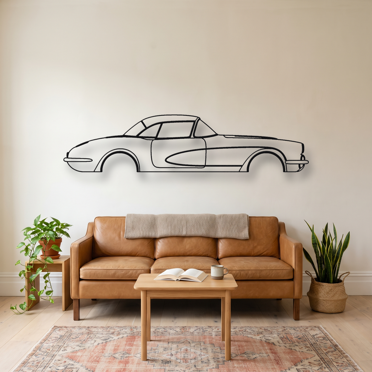 Chevrolet Corvette C1 metal wall art silhouette, front view on wall