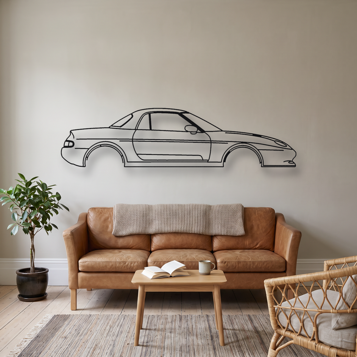 Lotus Elan M100 metal wall art silhouette, front view on wall