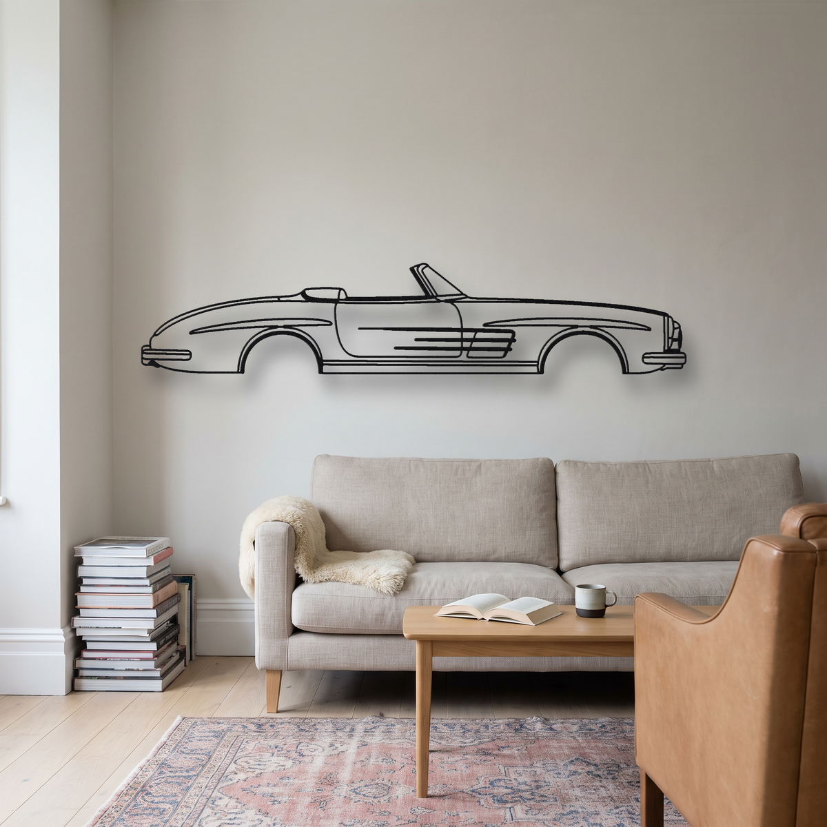 Mercedes-Benz 300SL Roadster metal wall art silhouette, front view on wall