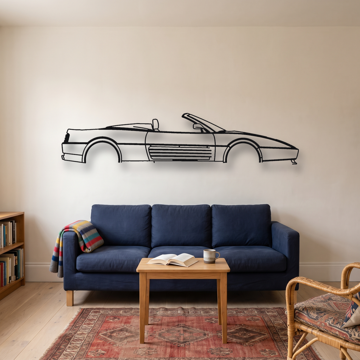 Ferrari 348 Spider metal wall art silhouette, front view on wall