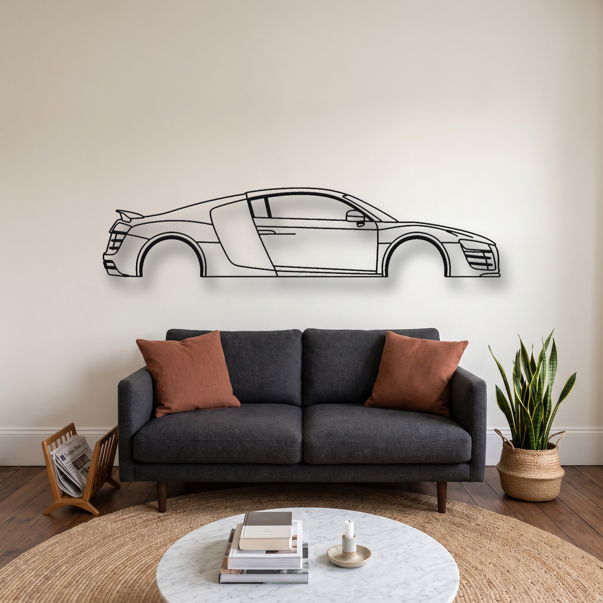 Audi R8 GT Gen 1 Type 42 metal wall art silhouette, front view on wall