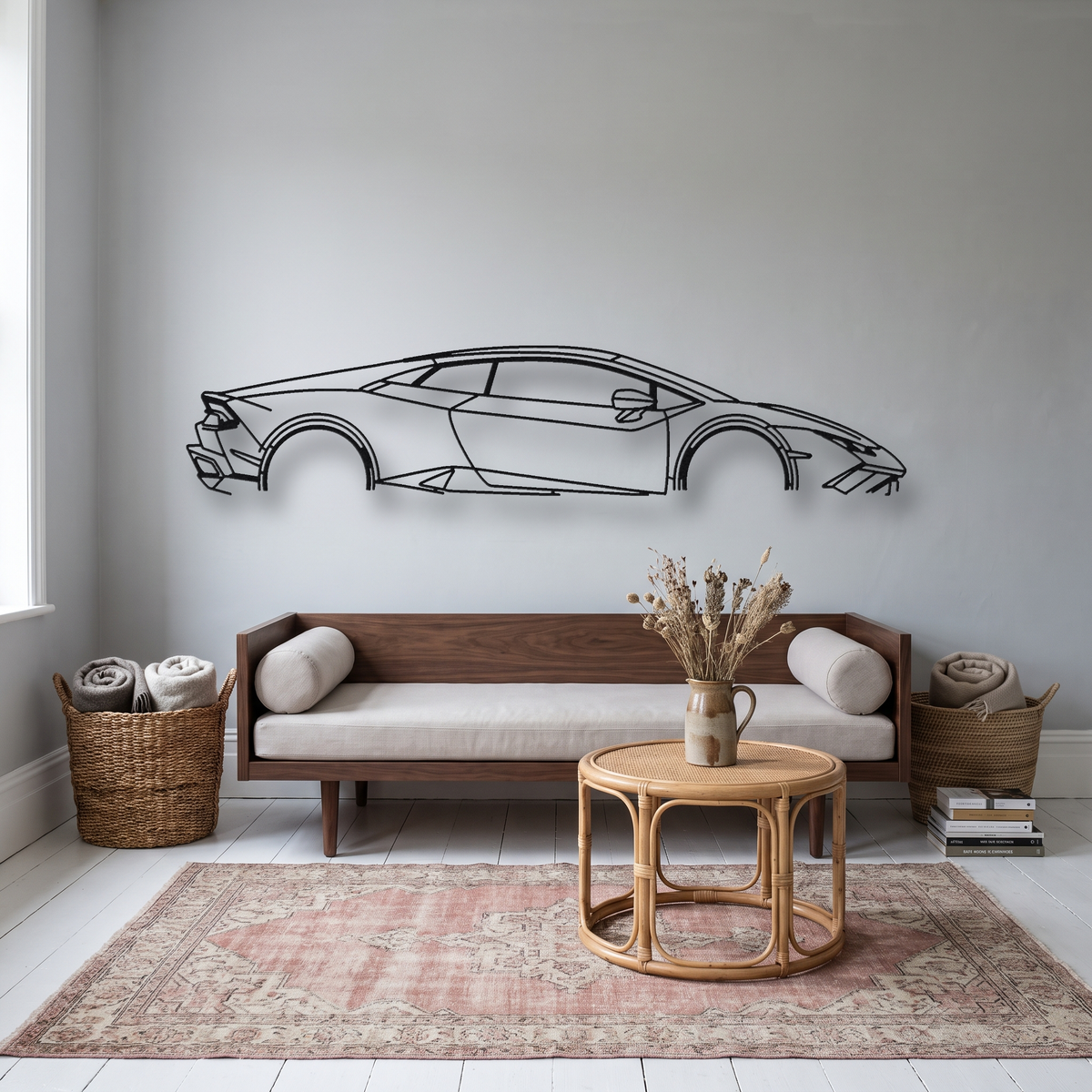 Lamborghini Huracán metal wall art silhouette, front view on wall