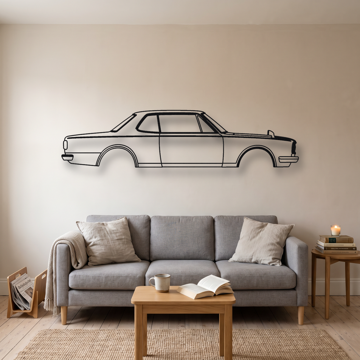 Nissan Skyline 2000 GT-R Hakosuka PGC10 metal wall art silhouette, front view on wall