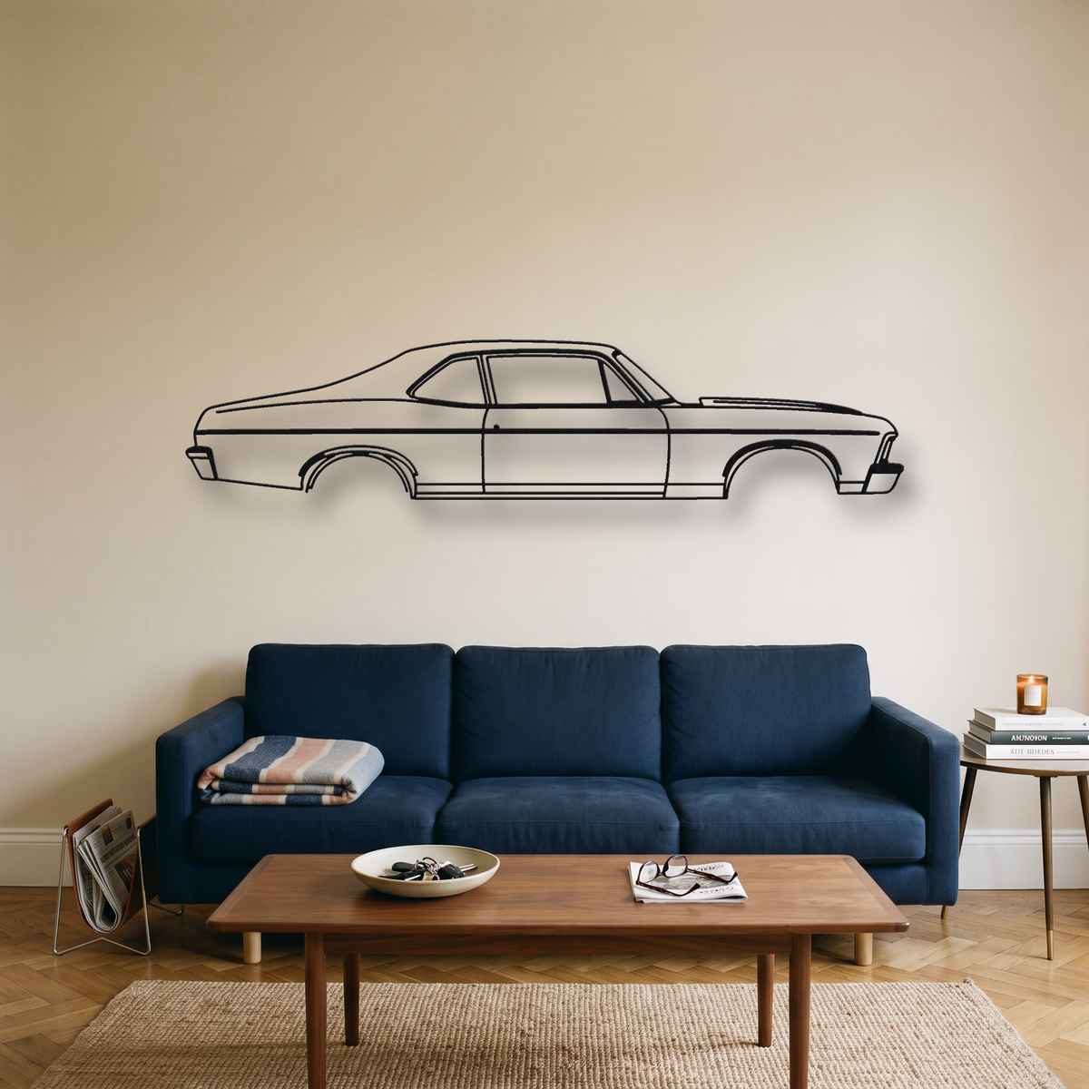 1970-1972 Chevrolet Nova SS 350/396 metal wall art silhouette, front view on wall