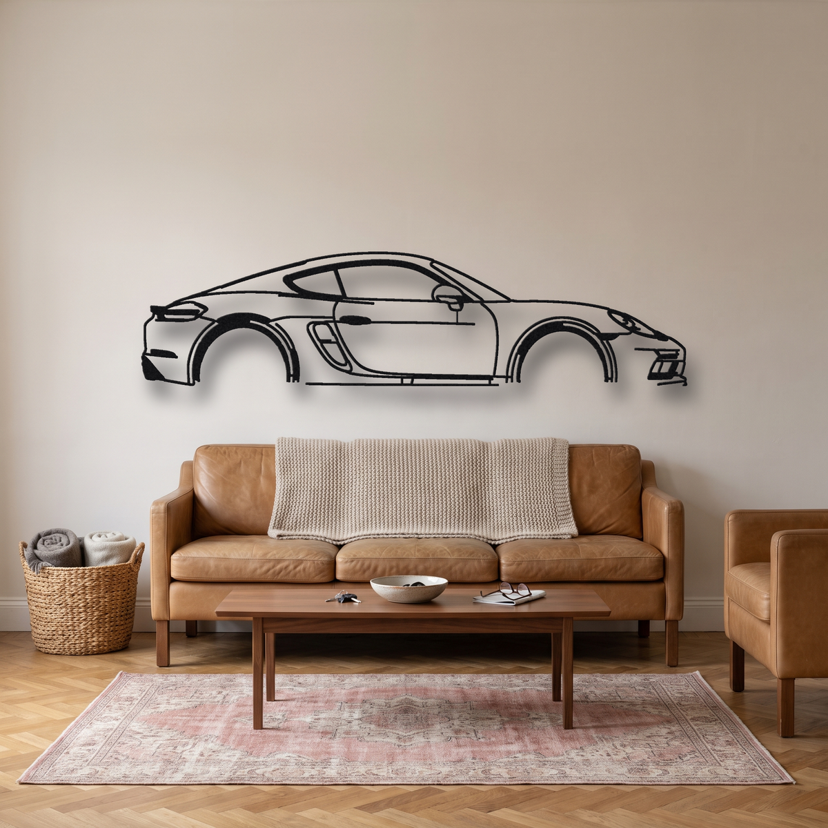 2020- Porsche 718 Cayman GTS 4.0 982 metal wall art silhouette, front view on wall
