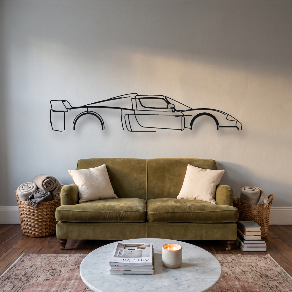 Maserati MC12 metal wall art silhouette, front view on wall