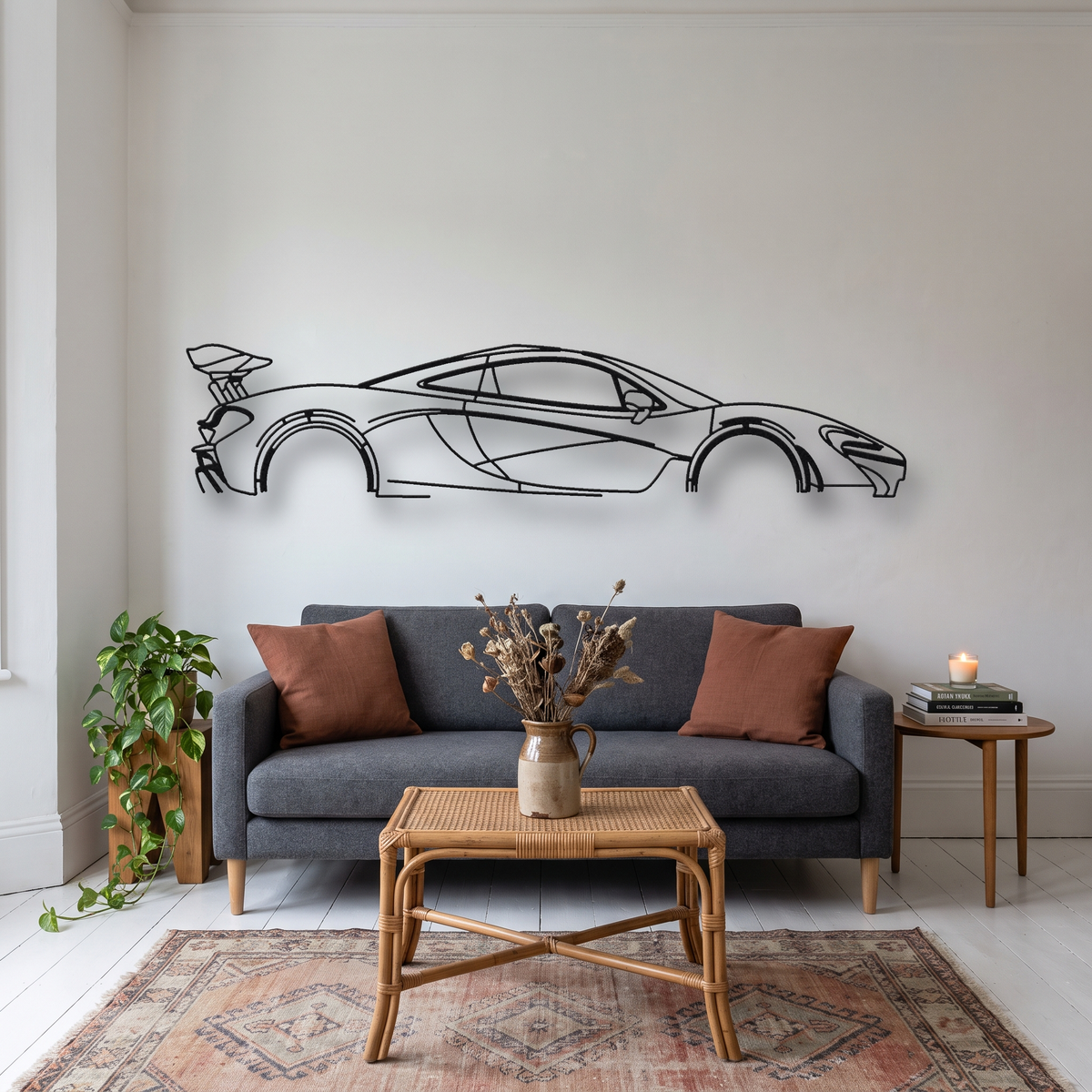 McLaren P1 metal wall art silhouette, front view on wall