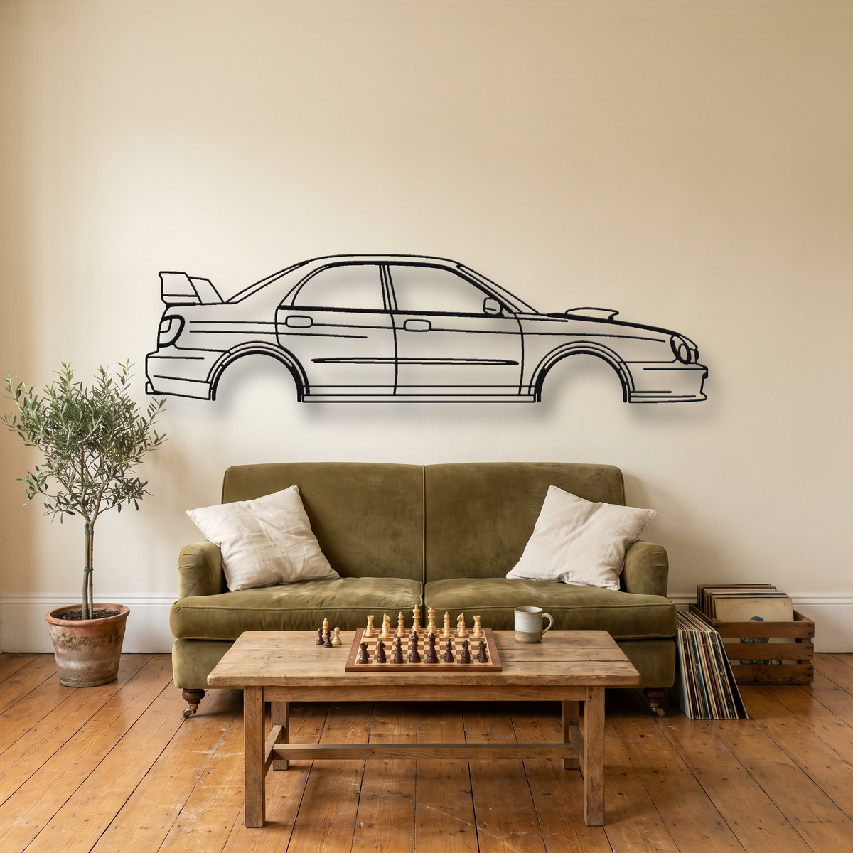 Subaru Impreza WRX STI Bug-eye GDB metal wall art silhouette, front view on wall