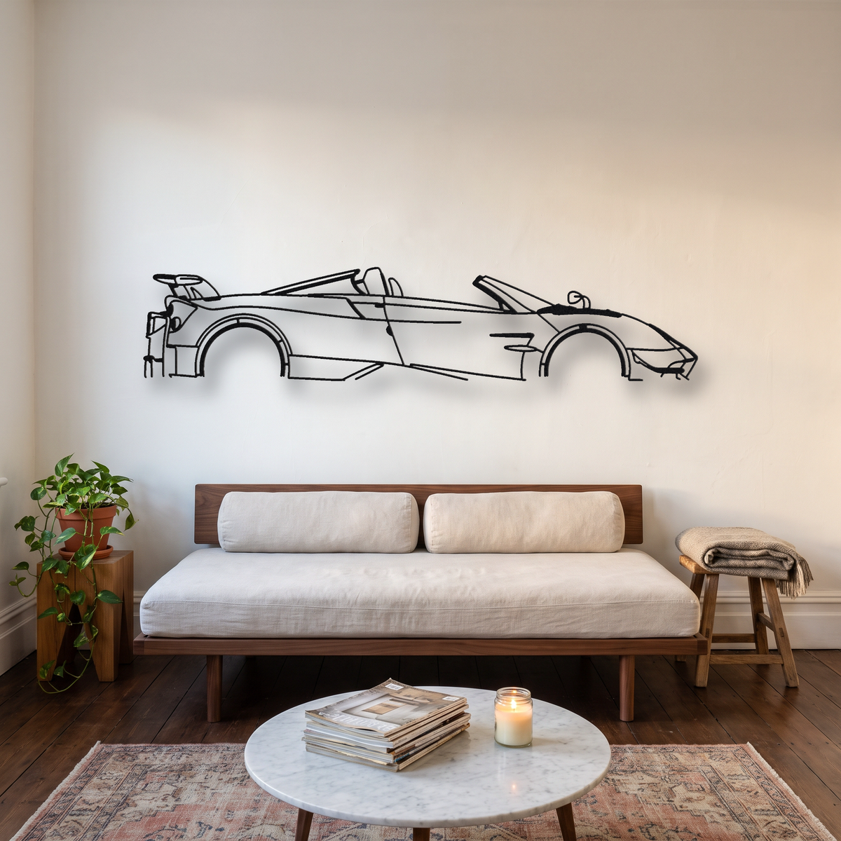 Pagani Huayra Roadster BC metal wall art silhouette, front view on wall