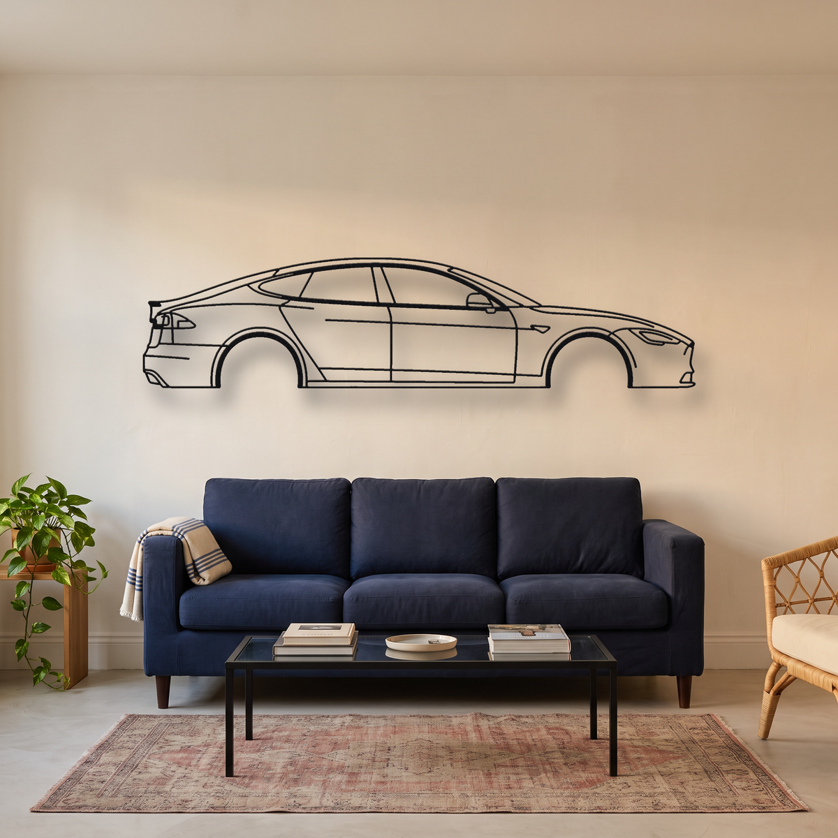 Tesla Model S Plaid metal wall art silhouette, front view on wall