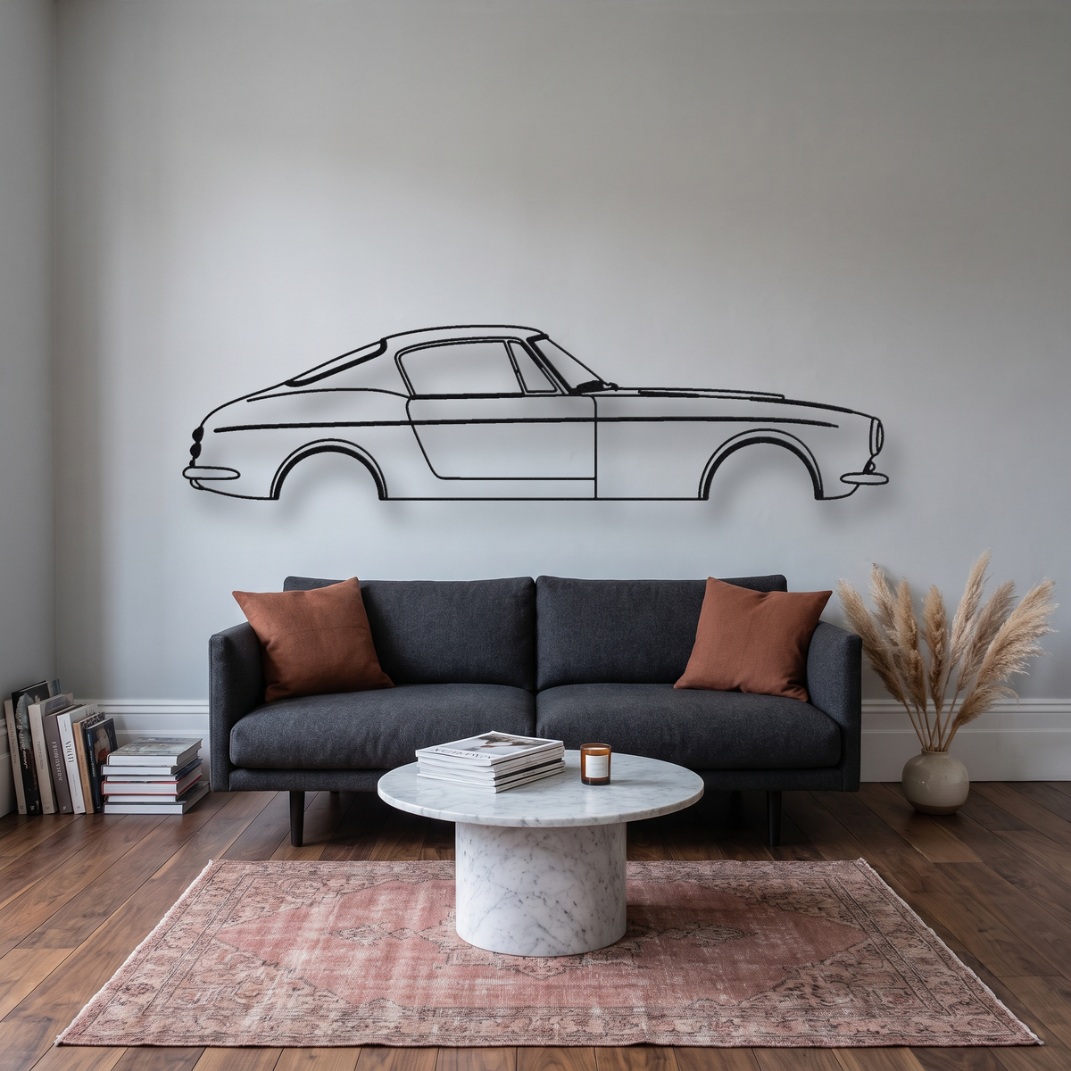 Ferrari 250 GT SWB Berlinetta metal wall art silhouette, front view on wall