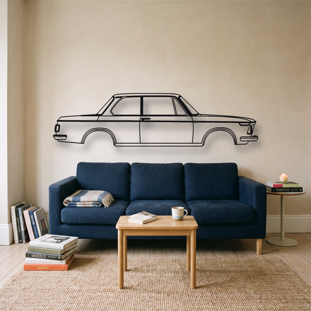 BMW 2002 metal wall art silhouette, front view on wall