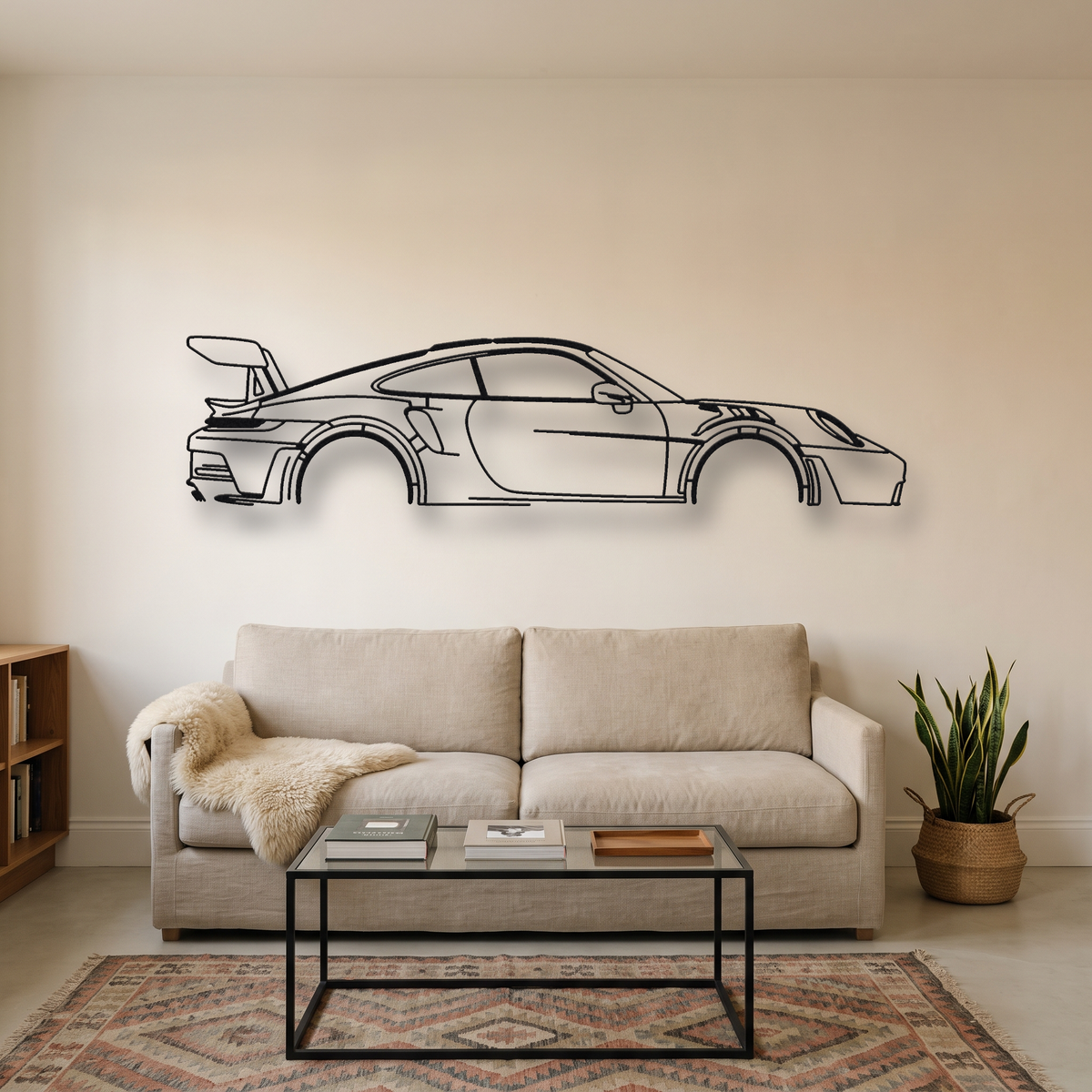 Porsche 911 GT3 RS 992 metal wall art silhouette, front view on wall
