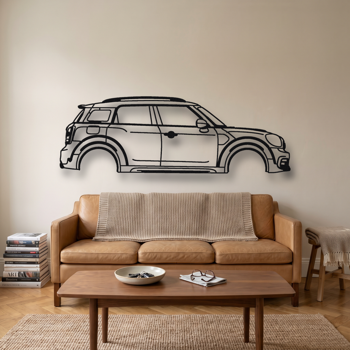 2017- Mini JCW Countryman F60/U25 metal wall art silhouette, front view on wall