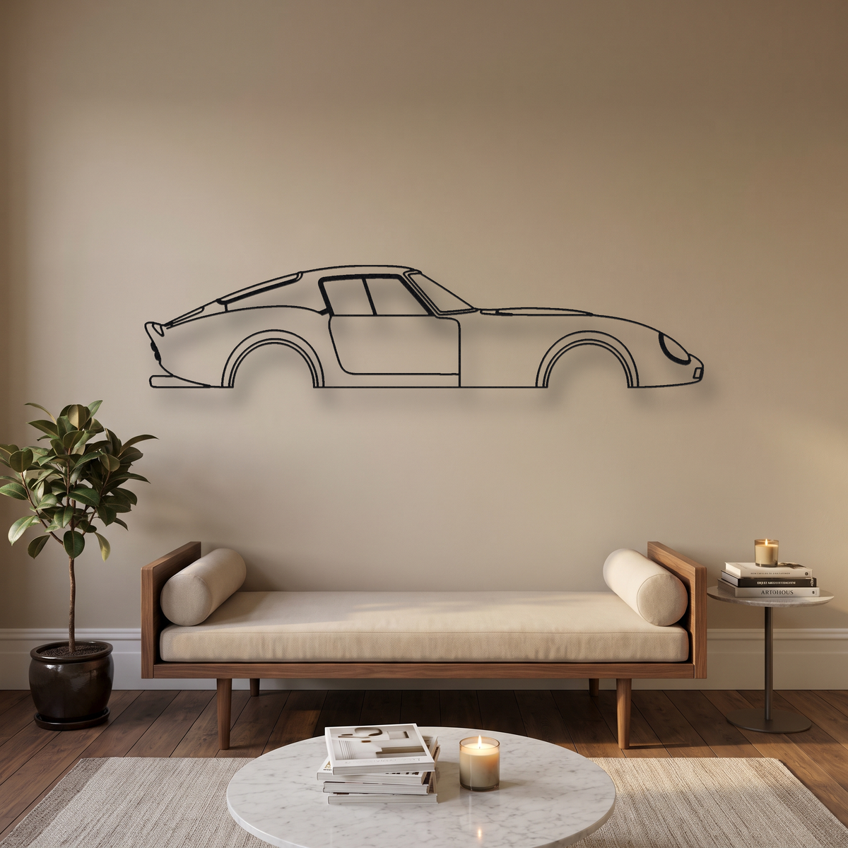 Ferrari 250 GTO metal wall art silhouette, front view on wall