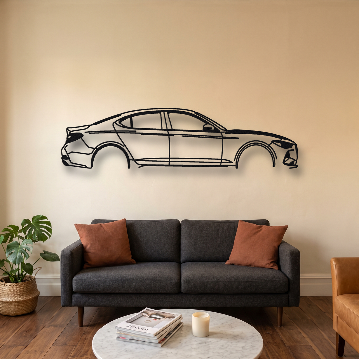 2019- Genesis G70 3.3T Sport IK metal wall art silhouette, front view on wall