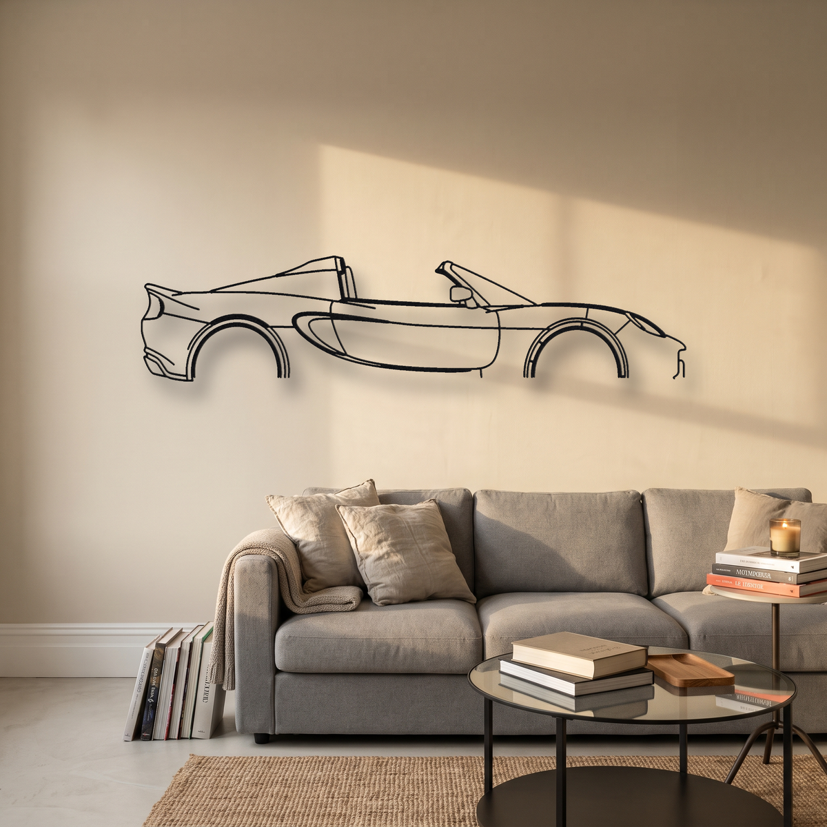 Lotus Elise Cup 250 metal wall art silhouette, front view on wall