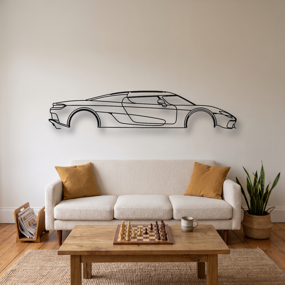 Koenigsegg CC850 metal wall art silhouette, front view on wall