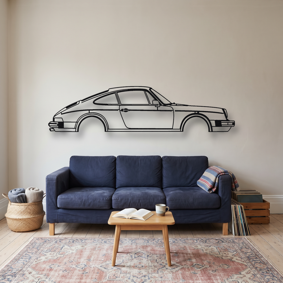 Porsche 911 SC metal wall art silhouette, front view on wall
