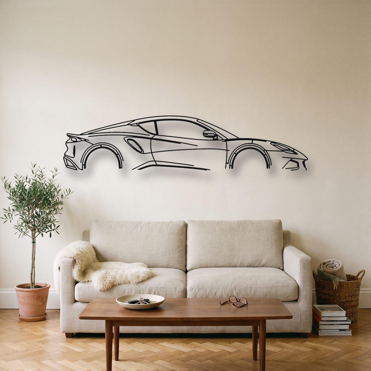 Lotus Emira metal wall art silhouette, front view on wall