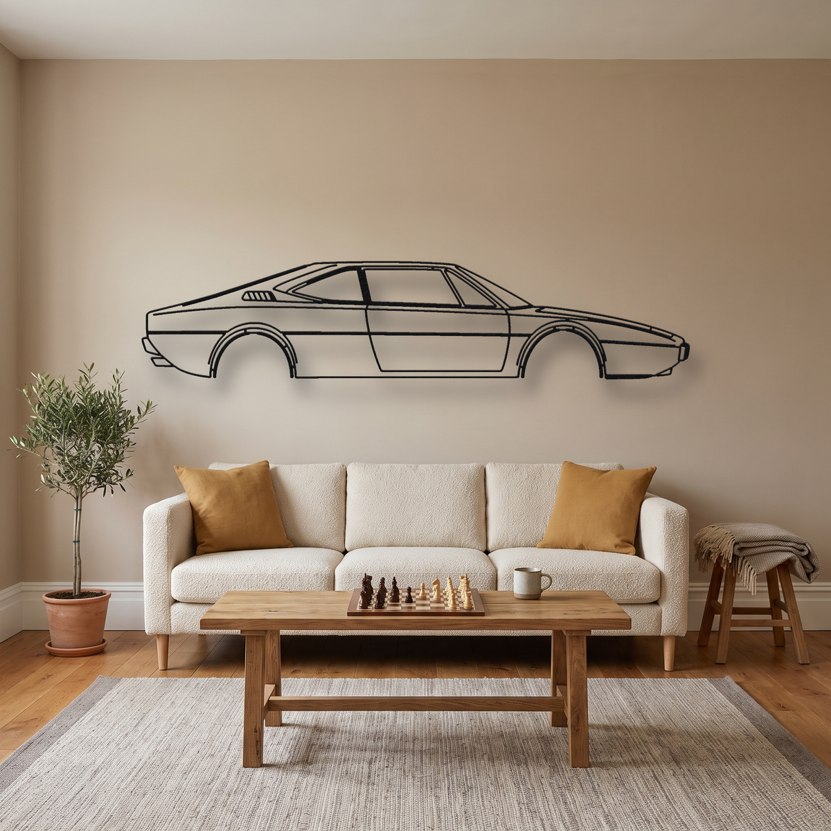 Ferrari Dino 308 GT4 metal wall art silhouette, front view on wall