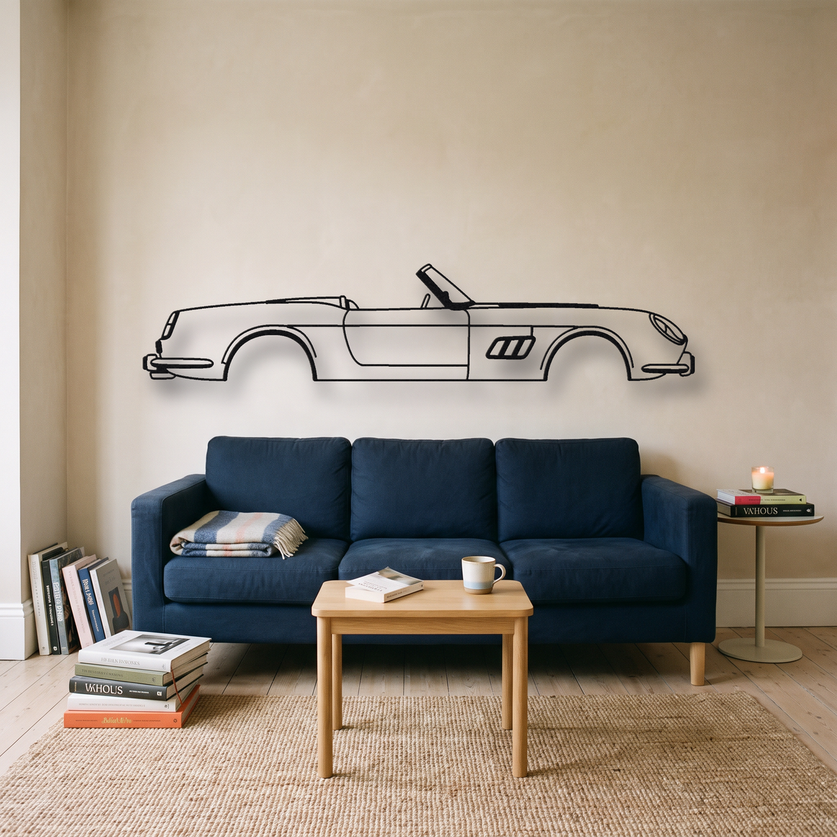 Ferrari 250 GT California Spyder SWB metal wall art silhouette, front view on wall