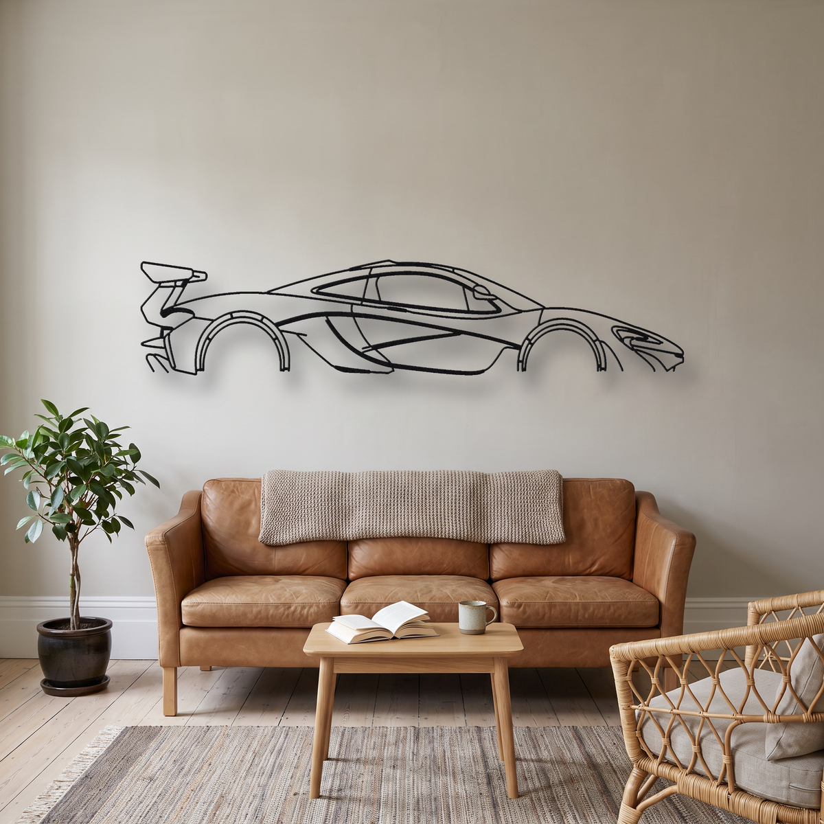 McLaren P1 GTR metal wall art silhouette, front view on wall