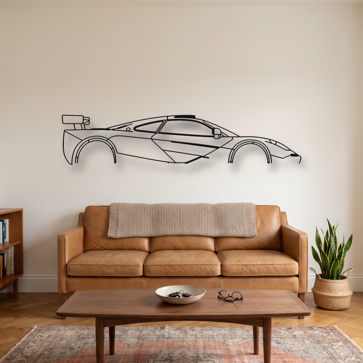 McLaren F1 GT metal wall art silhouette, front view on wall