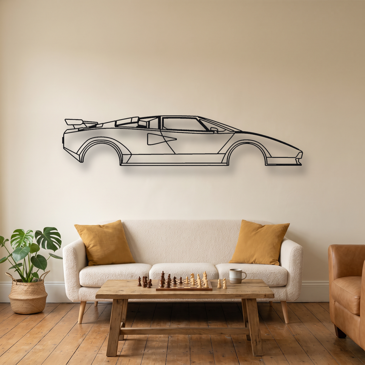 Lamborghini Countach LP500 S metal wall art silhouette, front view on wall